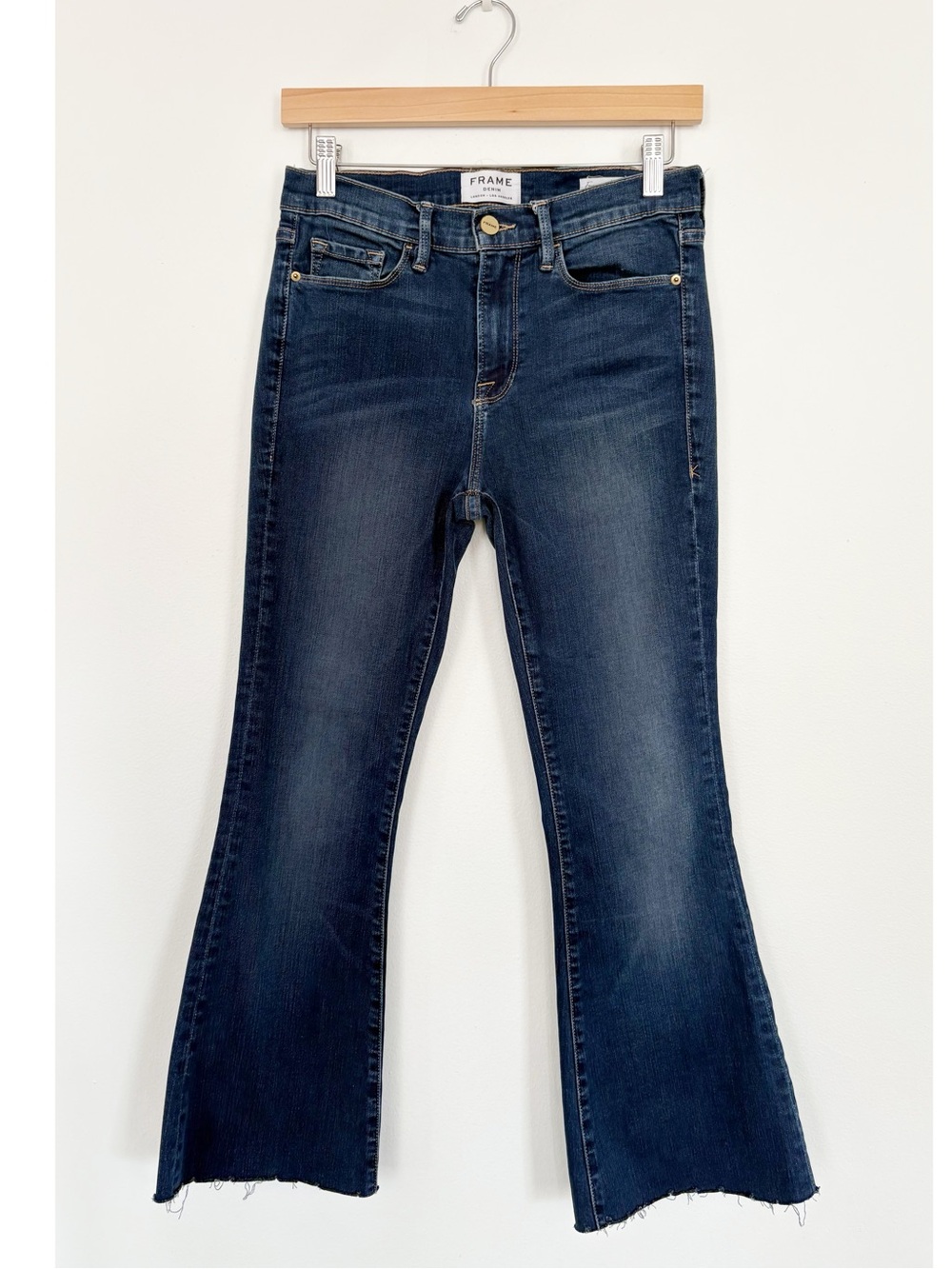 Frame || Forever Karlie Flared Crop Jeans in Palisade Cut Off Raw Hem Blue 28
